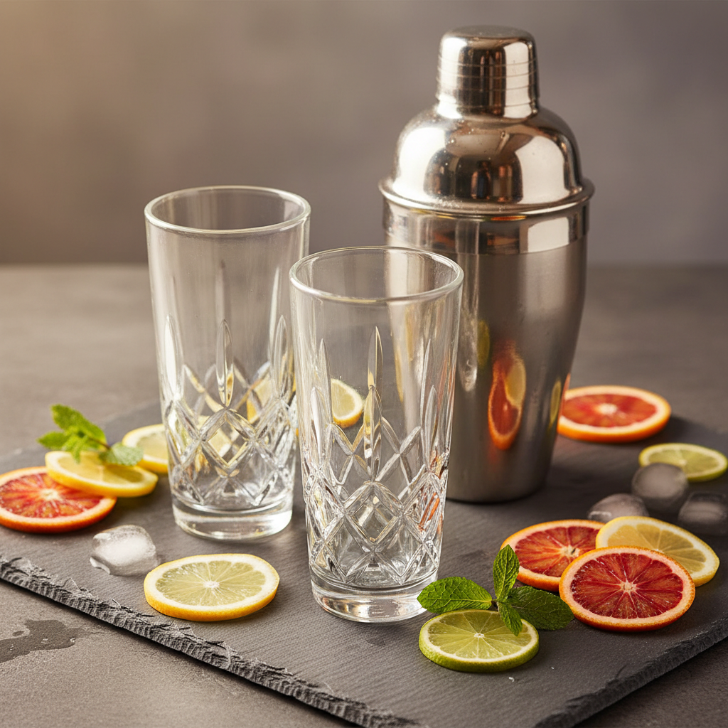 Flat lay of two crystal longdrink glasses with cocktail shaker and citrus on dark slate