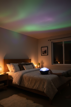 National Geographic Aurora Light Projector on nightstand projecting aurora borealis patterns on bedroom ceiling