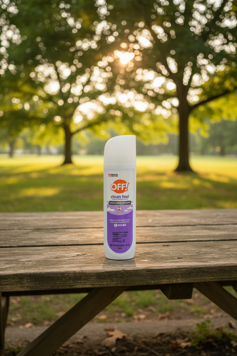 OFF! Clean Feel Insect Repellent spray bottle on wooden picnic table with green trees and sunlight