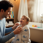 Lifestyle image — parent gently applying cologne to happy toddler after bath time, soft warm bathroom lighting, tender family lifestyle for visual context only