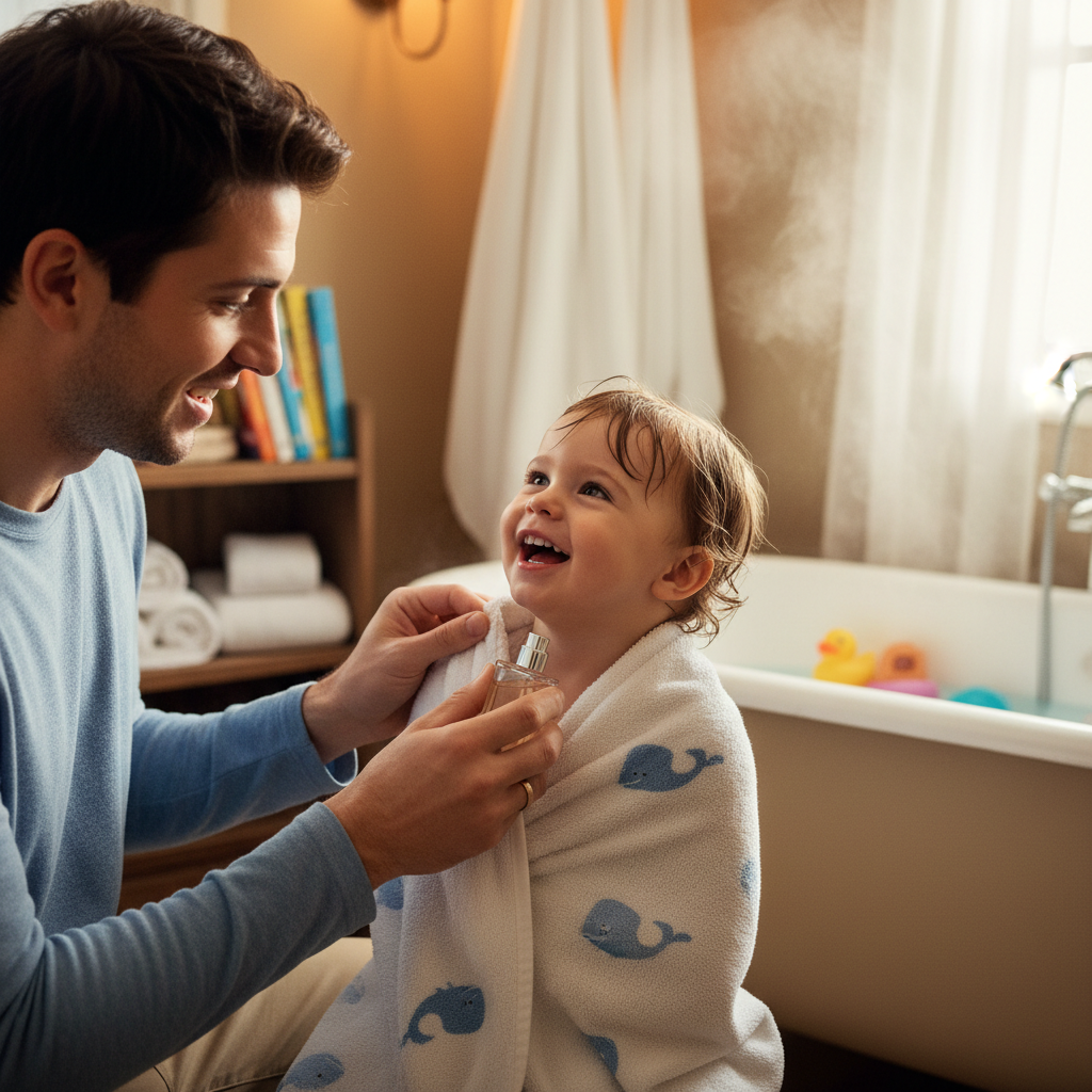 Lifestyle image — parent gently applying cologne to happy toddler after bath time, soft warm bathroom lighting, tender family lifestyle for visual context only