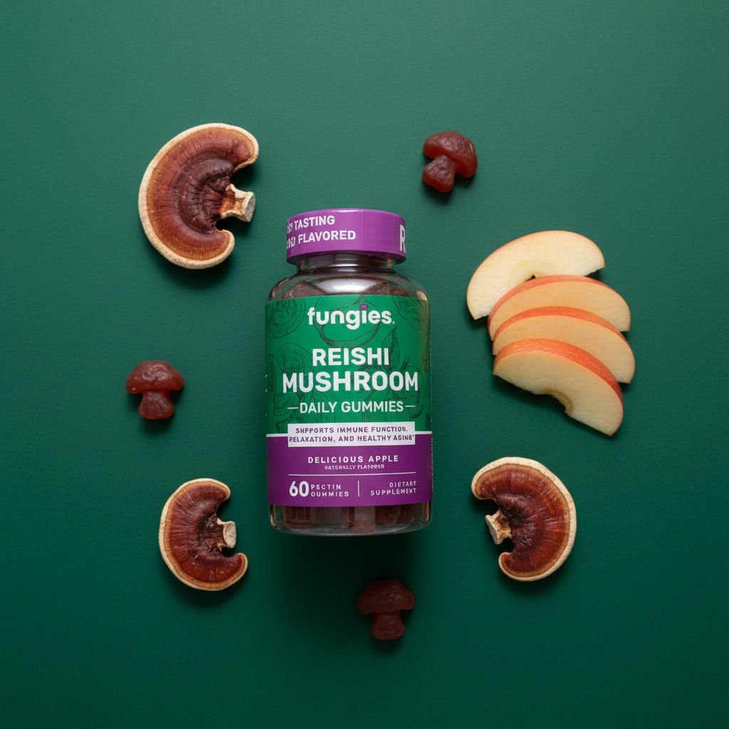 Fungies Reishi Mushroom Gummies bottle on dark green surface with apple slices and dried reishi mushrooms – More4less Outlet