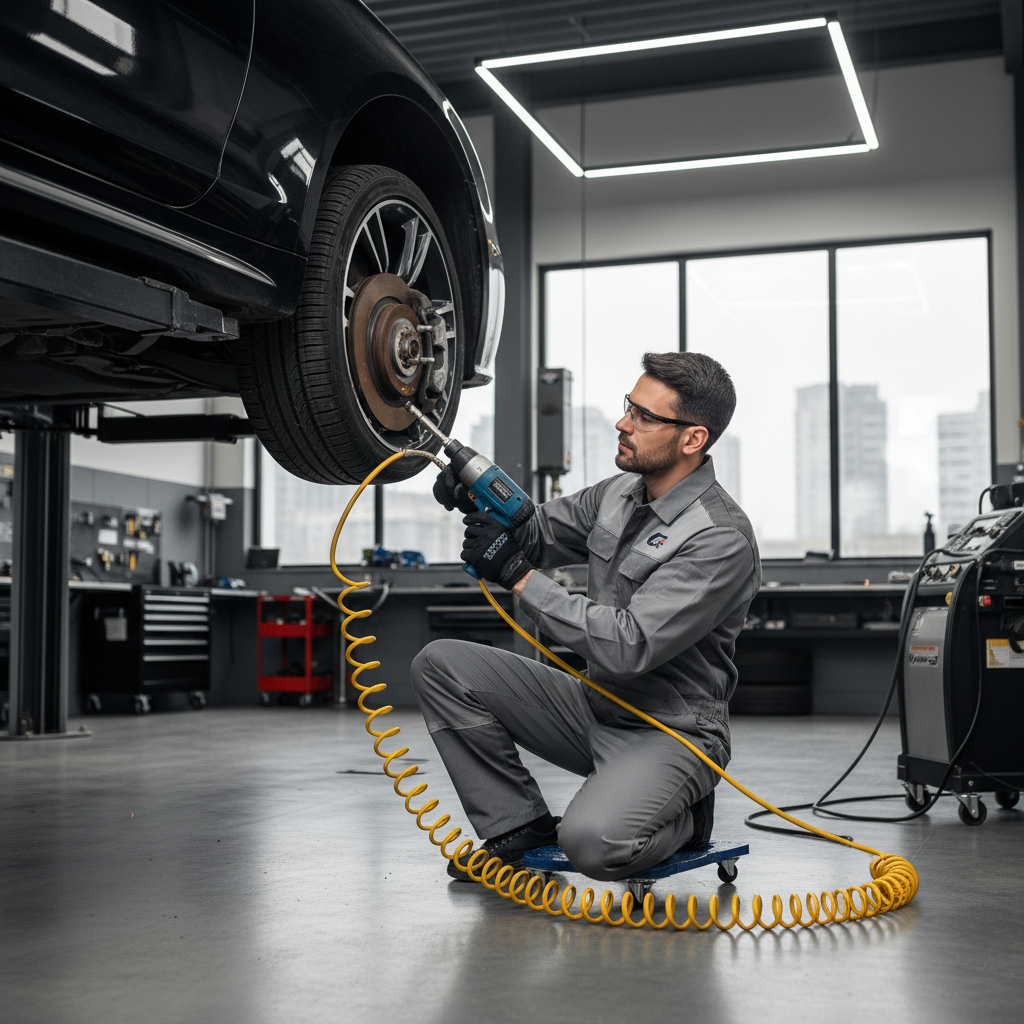 Professional mechanic under car lift using compact pneumatic impact wrench on brake assembly