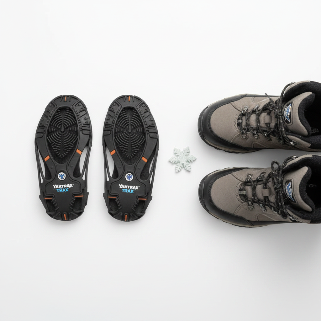 Yaktrax Winter Trax black traction cleats on white surface next to winter boots and snowflake accent flatlay – More4less Outlet