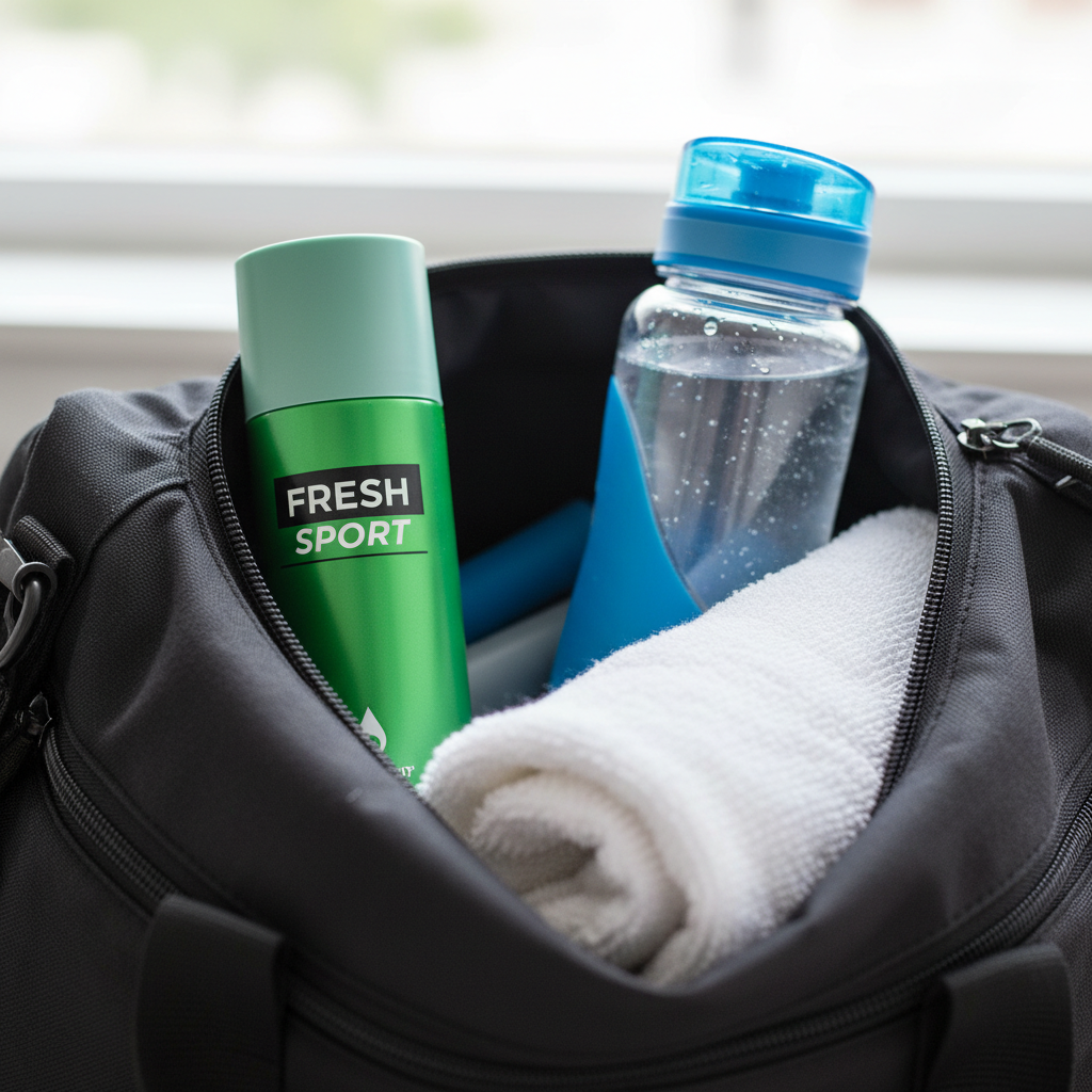 Green deodorant bottle in gym bag with water bottle and towel