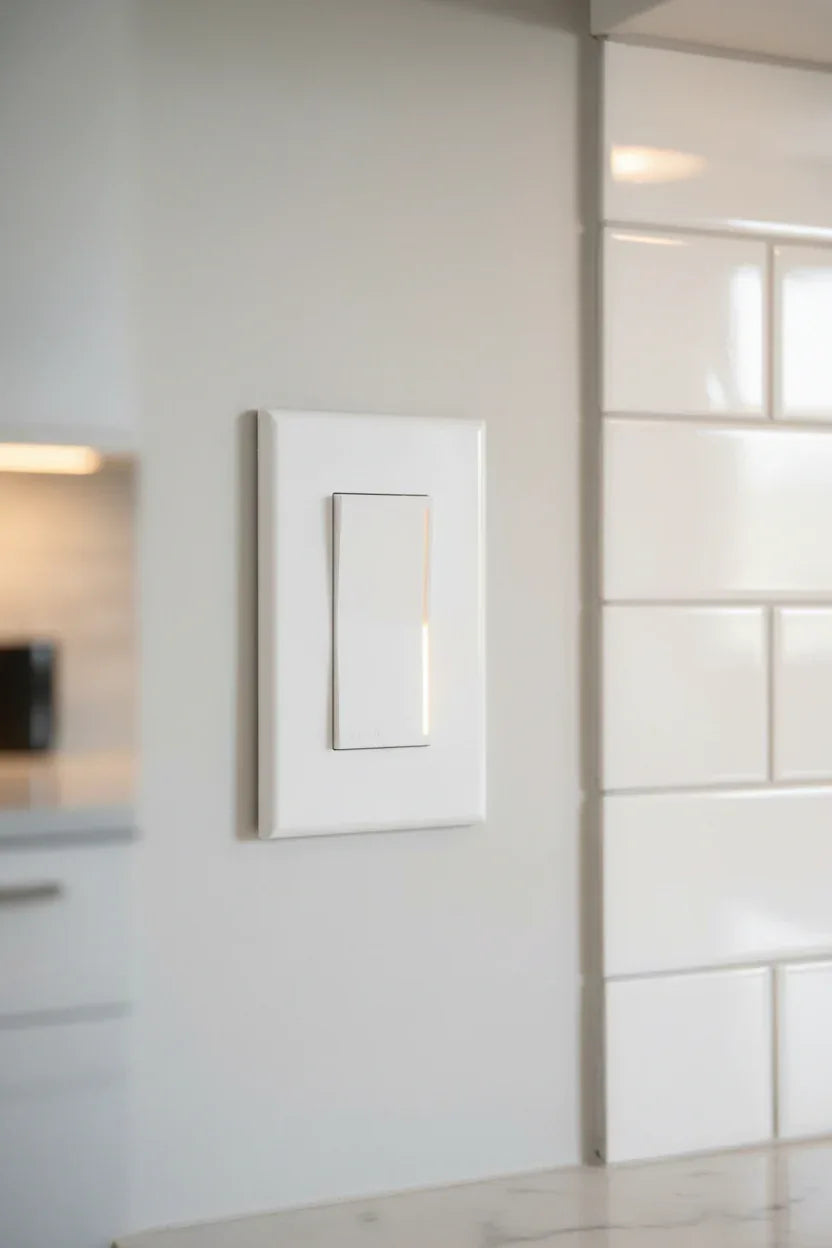 Lutron Sunnata white touch dimmer switch installed on light-gray wall in modern kitchen next to white tile backsplash