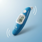 Kinsa blue Smart Ear Thermometer light blue editorial with Bluetooth signal wave accents and white highlights – More4less Outlet