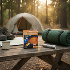 TentBrightz 4-pack box on wooden camping table with flashlight and sleeping bag showing compact size.