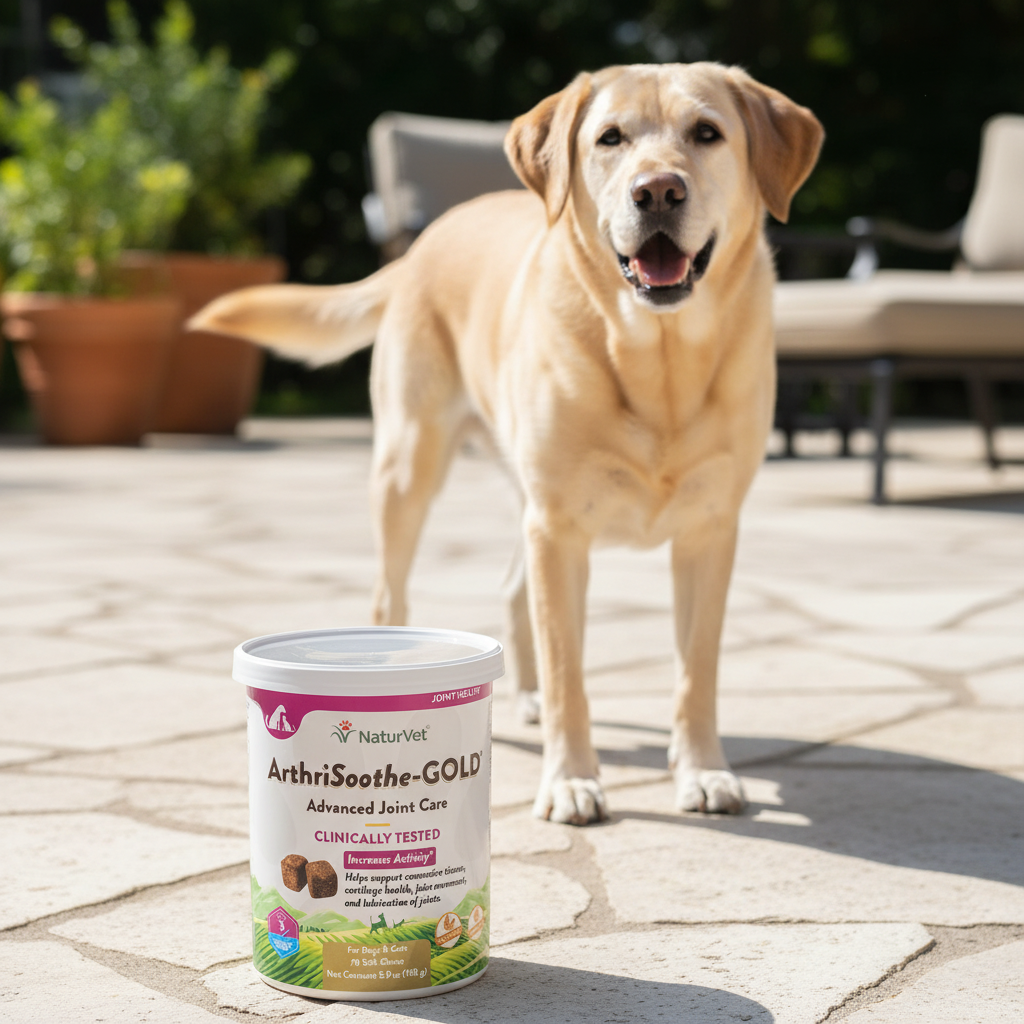 NaturVet ArthriSoothe-GOLD Advanced Joint Care tub on sunny outdoor patio next to an active senior Labrador dog