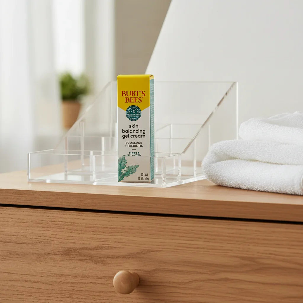 Burt's Bees Skin Balancing Gel Cream box in acrylic cosmetic display on light-oak dresser near soft white cotton towel