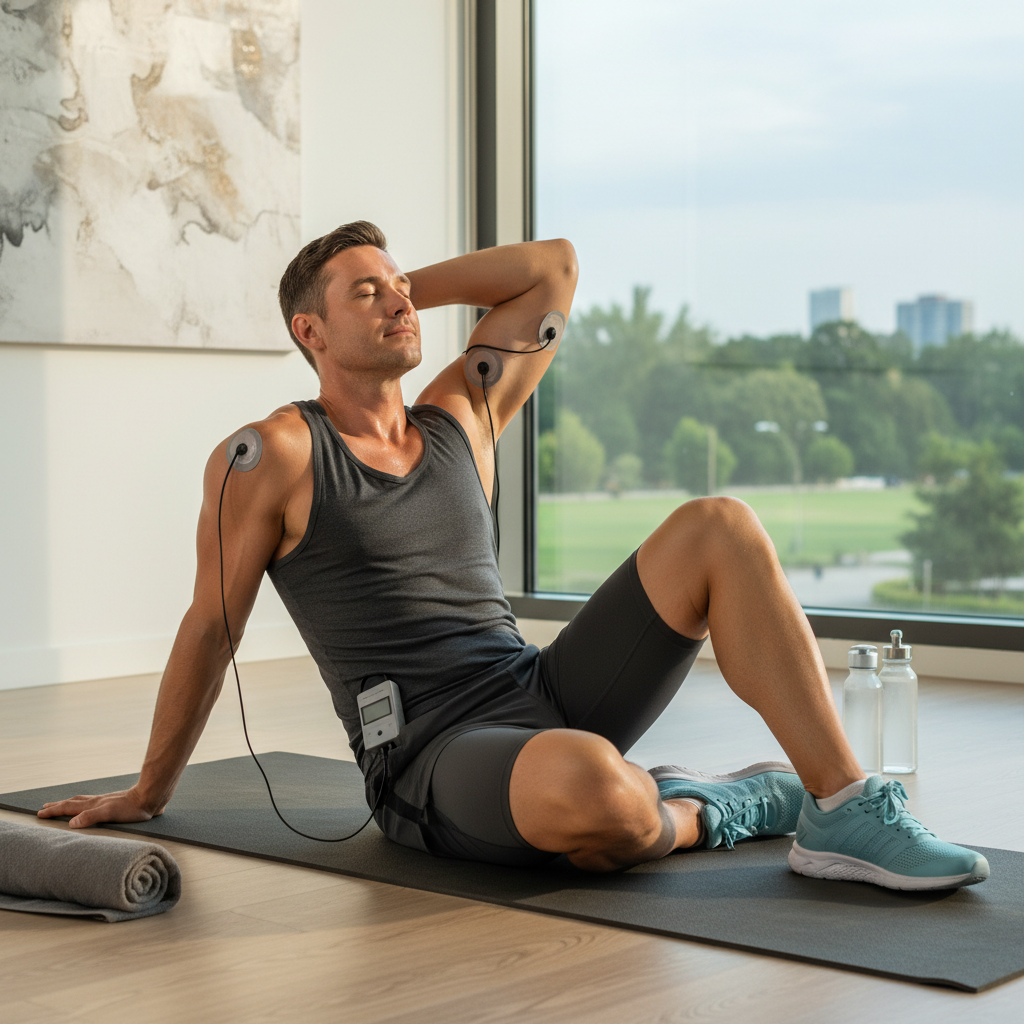 Person post-workout with TENS electrode pads on shoulder and upper arm for muscle recovery