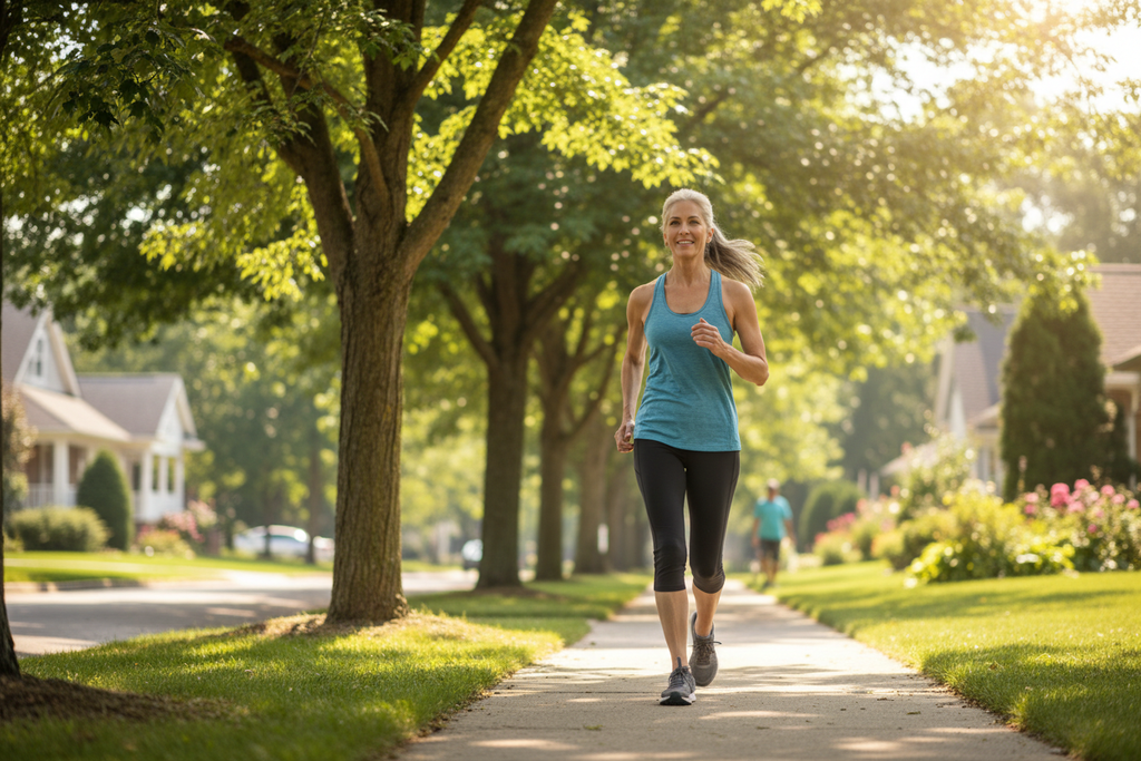 Fit woman in her 50s doing brisk walk on sunny sidewalk - bone health and active aging lifestyle