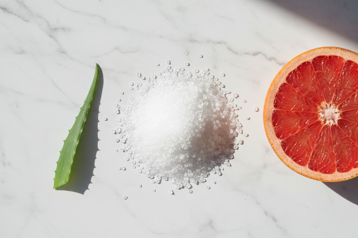 Glycolic acid crystals citrus slice and green leaf flat lay skincare ingredients lifestyle photo