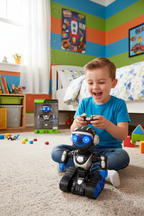Young child playing with Vivitar Robo action robot on bedroom floor with excited expression