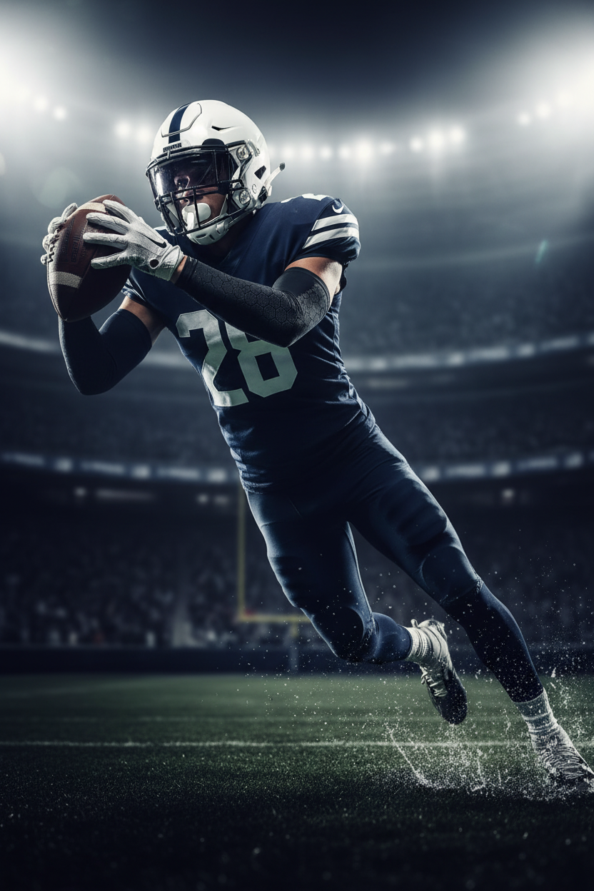 Football player catching pass wearing McDavid HEX black compression arm sleeve with hexagonal elbow padding for impact protection
