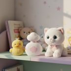 Lifestyle image — white and pink children's cologne bottle on pastel nursery shelf beside stuffed duck and cat plush toys, sweet nursery lifestyle for visual context only