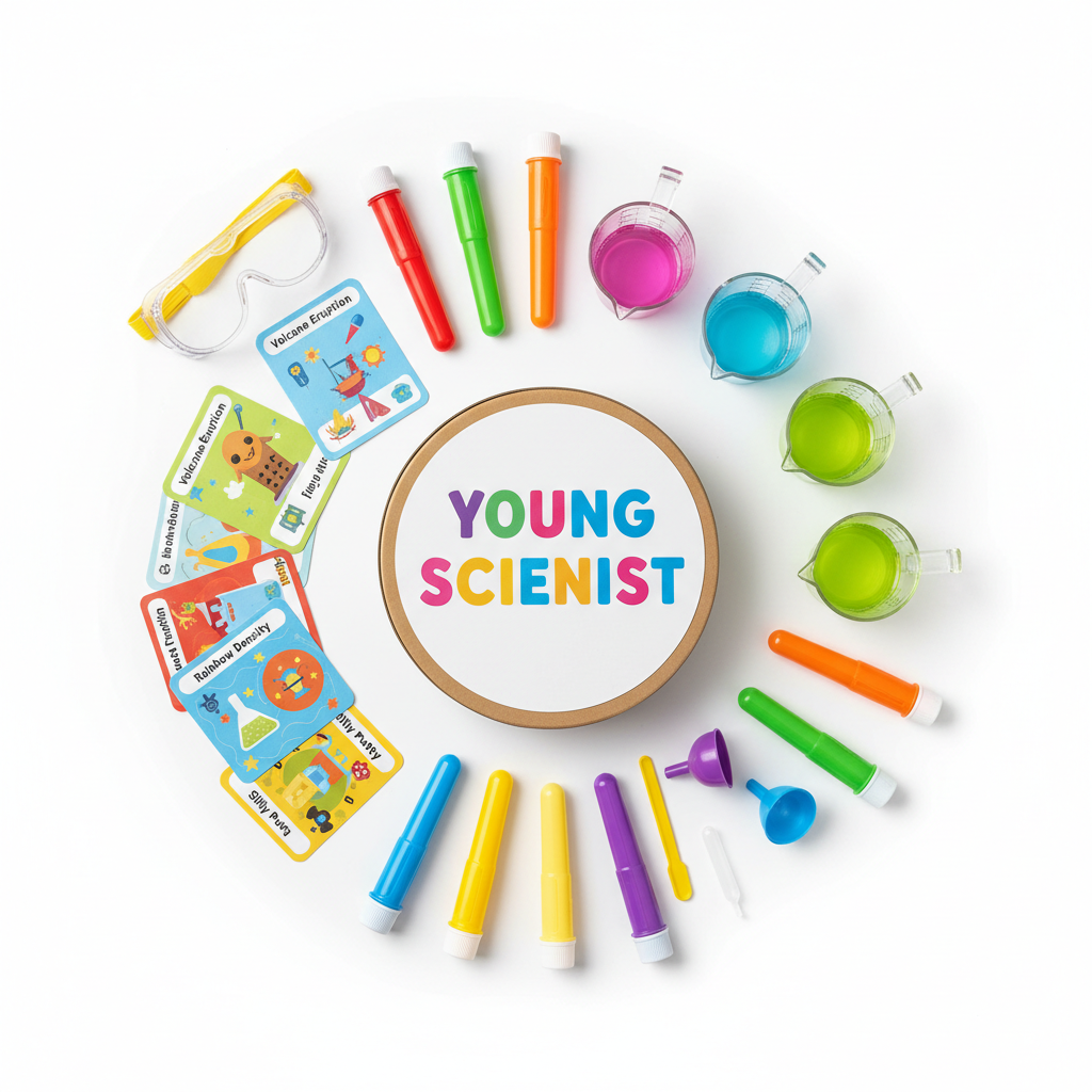 Flat lay of kids science experiment kit contents — test tubes, measuring cups, safety goggles and experiment cards — More4less Outlet