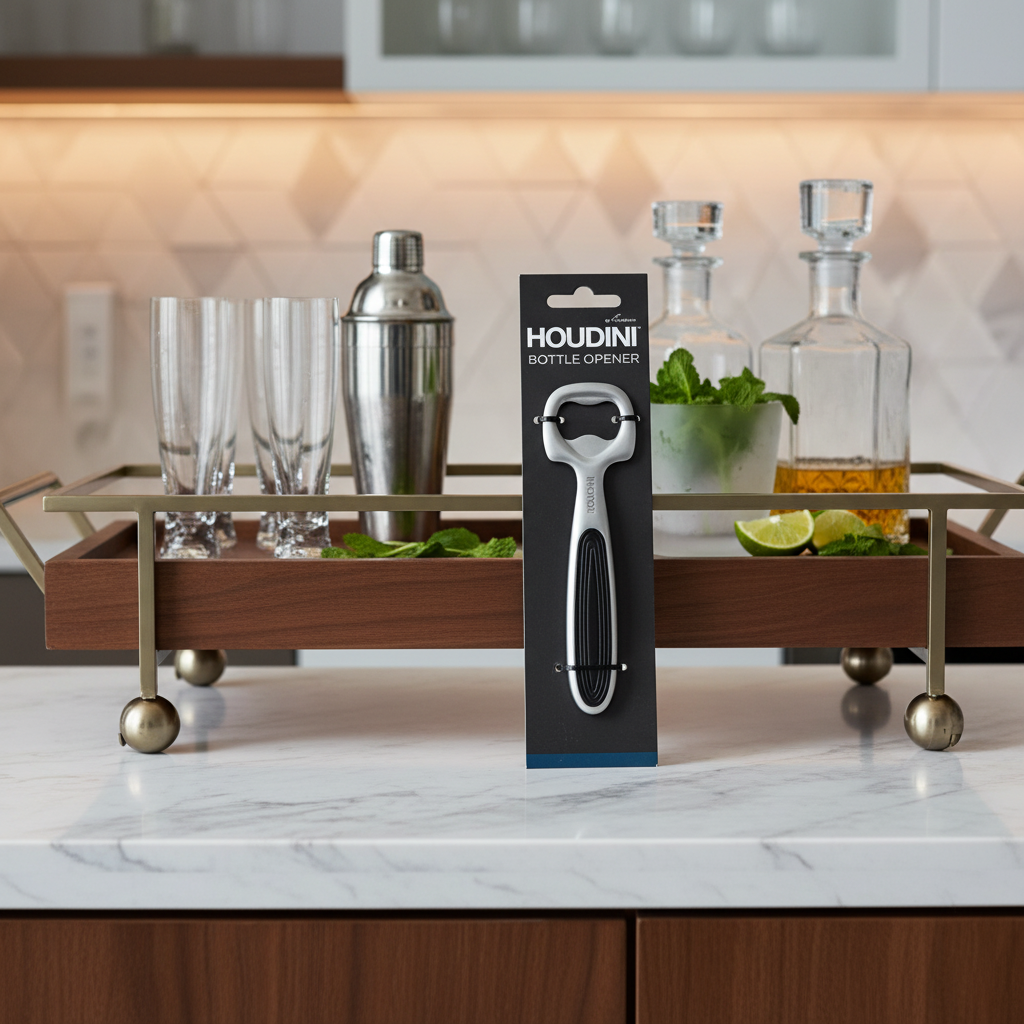 Houdini by Rabbit bottle opener on stylish home bar cart with contemporary bar accessories.