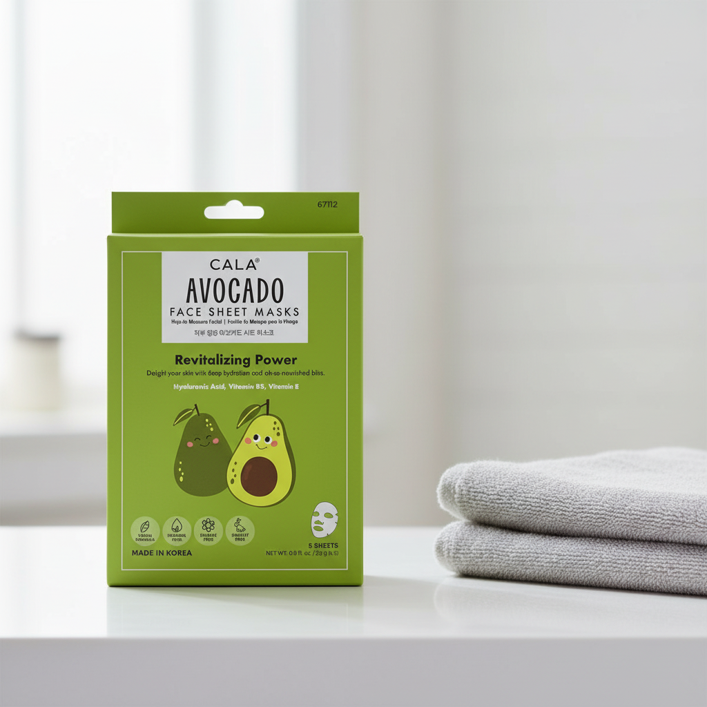 CALA Avocado Face Sheet Masks five-count package on a clean bathroom counter beside a folded white towel