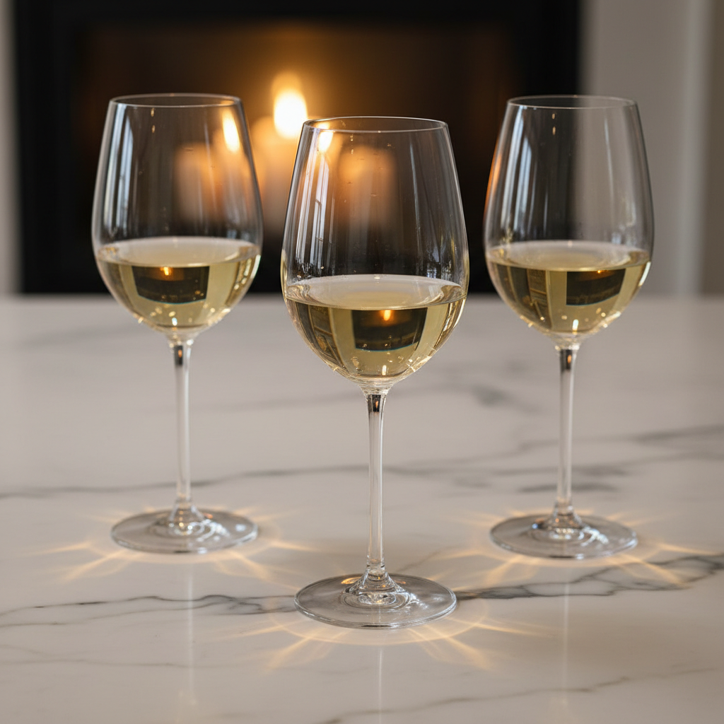Close-up of clear German crystal wine glasses reflecting warm ambient lighting on a polished marble surface