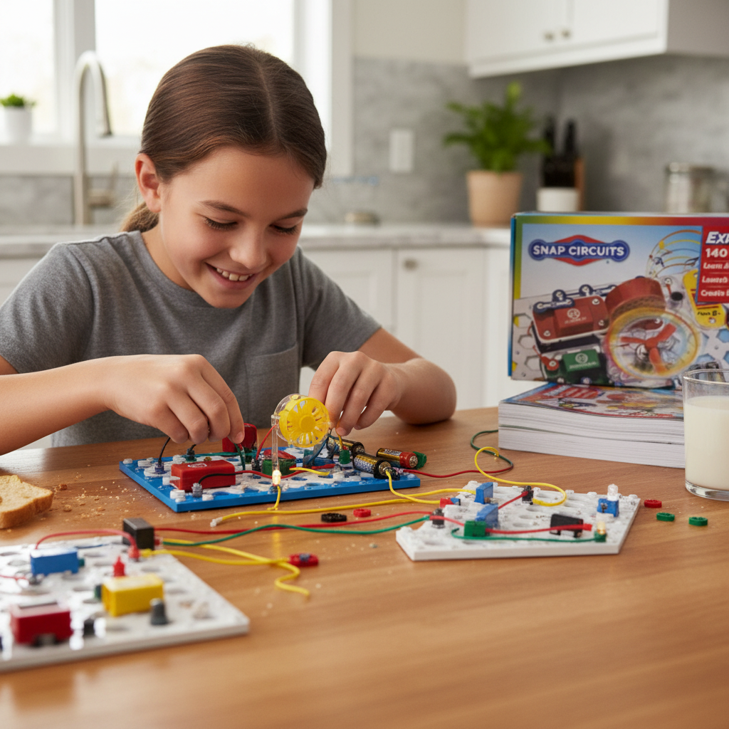 Child building a Snap Circuits electronics project on a kitchen table with colorful snap components — More4less Outlet lifestyle image