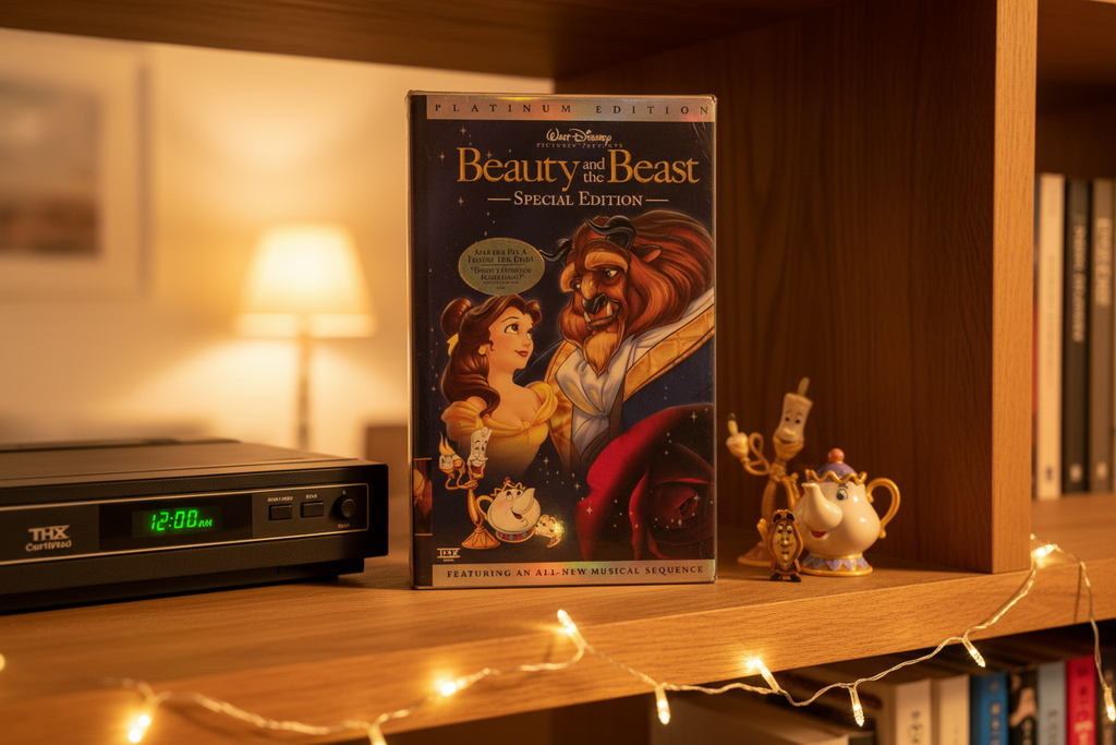 Beauty and the Beast Special Edition VHS Platinum Edition on wooden shelf with vintage VHS player and Disney collectibles – More4less Outlet
