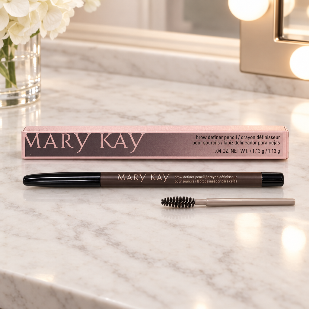 Mary Kay Brow Definer pencil and retail box on a light vanity with a spoolie