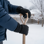 Man wearing Heat Holders black insulated thermal gloves gripping snow shovel in winter backyard — More4less Outlet