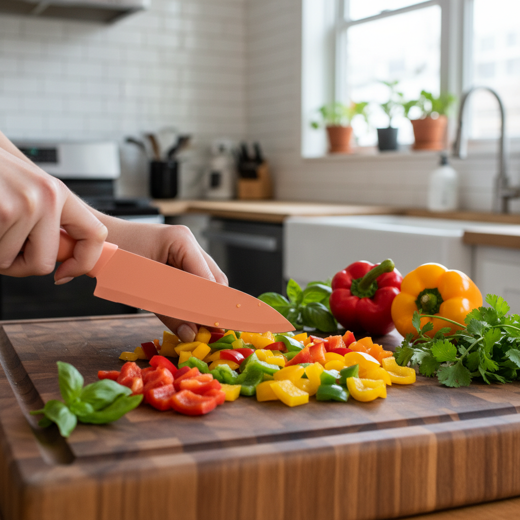 Hands dicing bell peppers with a pastel coral Santoku knife on a butcher block