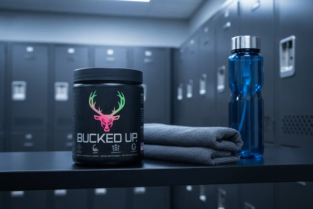 Bucked Up Pre-Workout Strawberry Kiwi on locker room shelf with towel and water bottle — gym athlete essentials