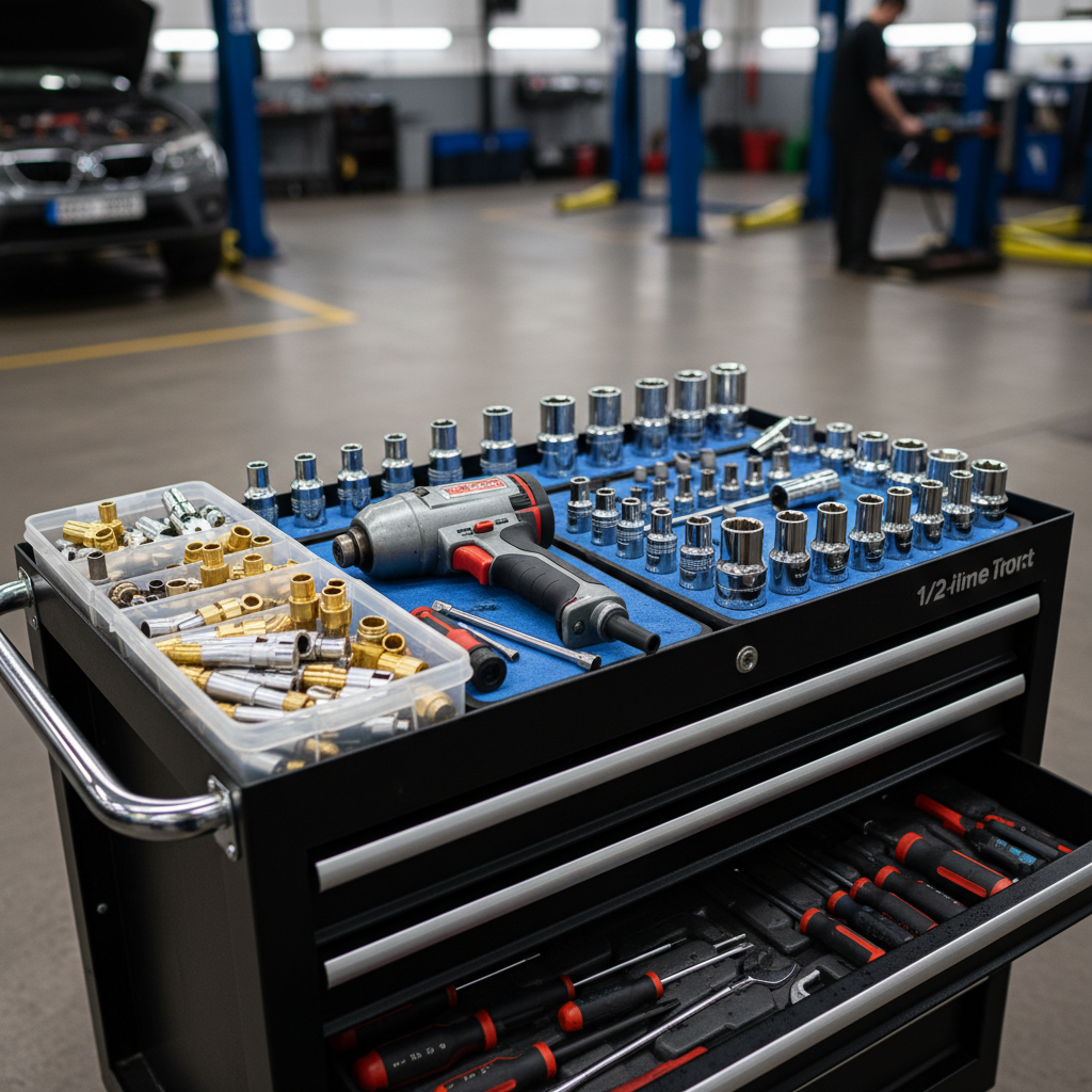 Mechanic tool cart in auto repair shop with compact 1/2-inch air impact wrench and socket sets