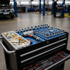 Mechanic tool cart in auto repair shop with compact 1/2-inch air impact wrench and socket sets