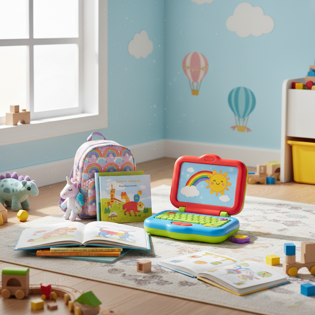 Colorful toy laptop open on a child's bedroom floor next to a backpack and books