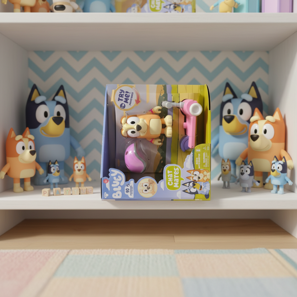 Bluey Chat Mates Bingo with Scooter talking figure factory-sealed retail display box on bright white playroom shelf alongside other Bluey character toys and colorful children's figures — cheerful gift-ready lifestyle scene