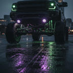 RGB rock light kit purple green underglow lifted truck chassis night ground level 4 pods mounted wet pavement reflections - More4less Outlet