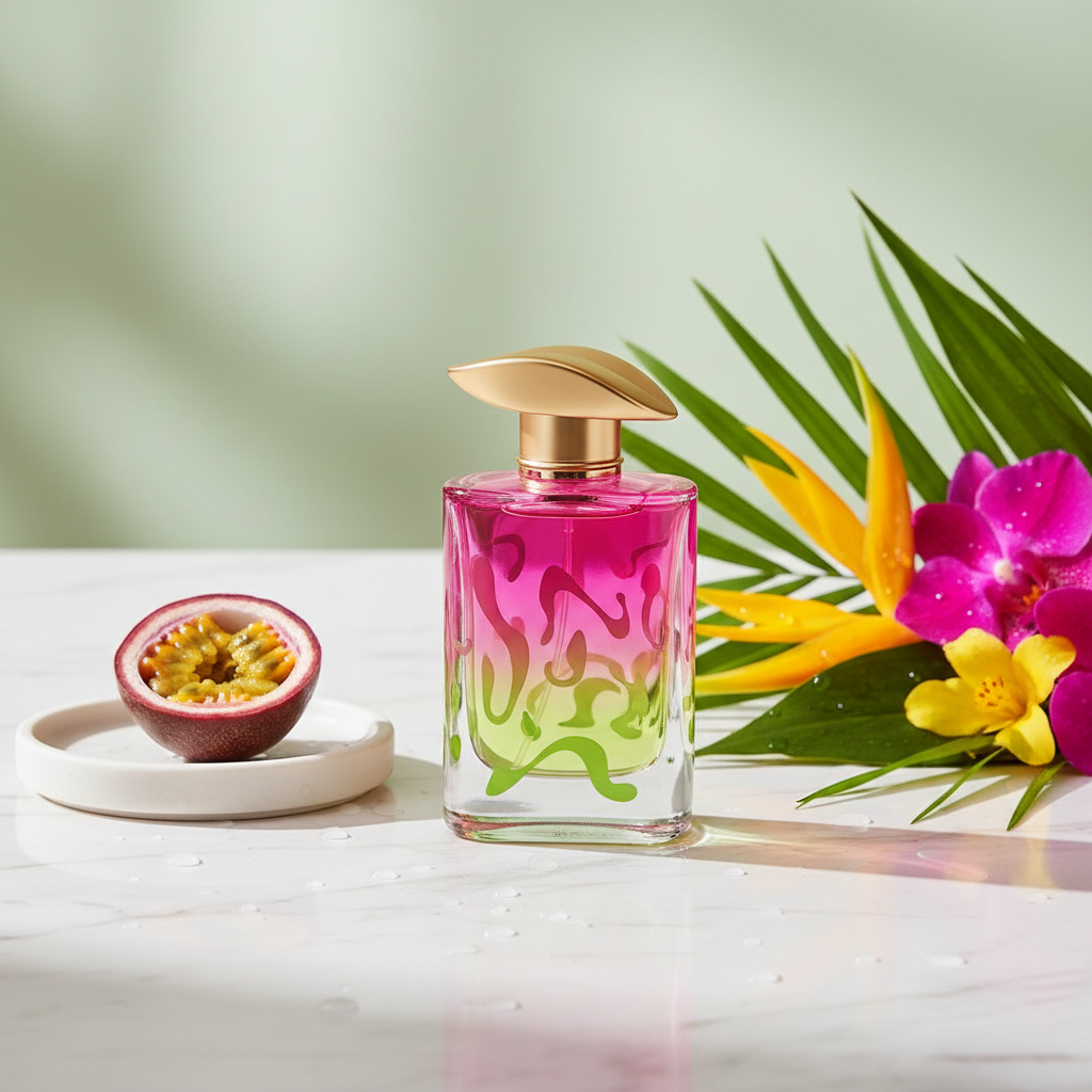 Lifestyle image — vibrant pink and green perfume bottle on white marble beside fresh passionfruit and tropical flowers, bright editorial beauty for visual context only