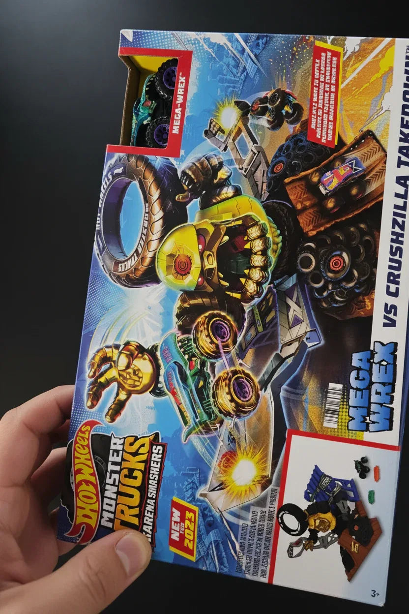 Macro in-hand shot of Hot Wheels Monster Trucks Arena Smashers box print details and toy car illustrations