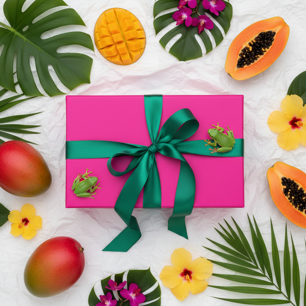 Lifestyle image — bright pink perfume box on white tissue paper with green ribbon bow, vibrant tropical gifting flatlay for visual context only