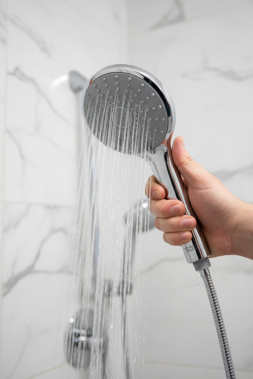 Grohe Euphoria 110 Duo polished chrome hand shower held in hand with water streaming in rain mode in luxury shower