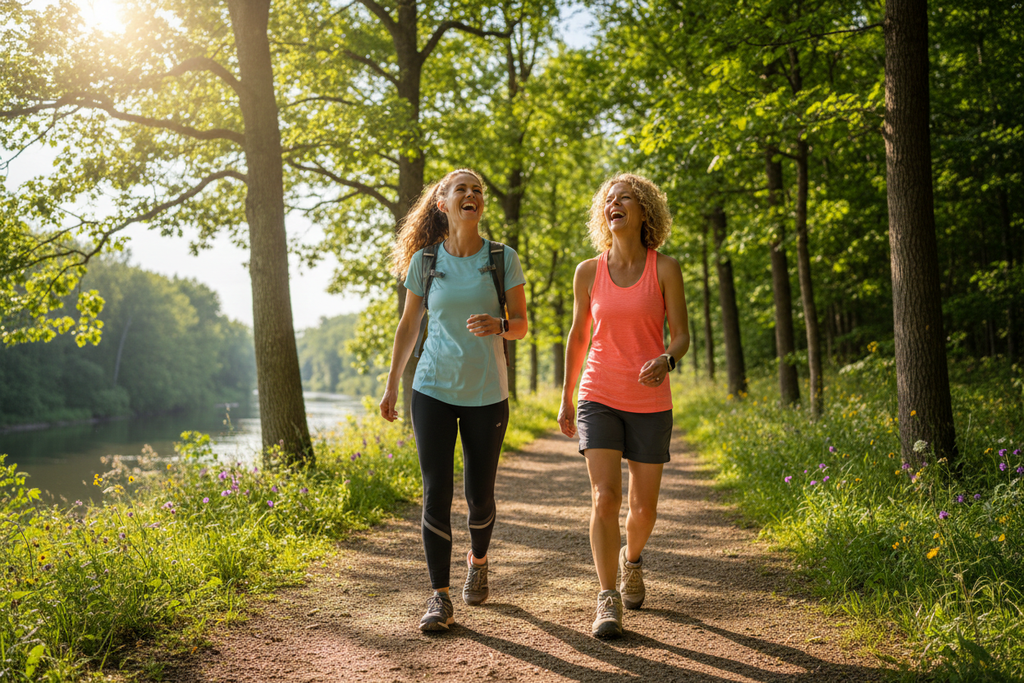 Two women laughing while walking outdoors on sunny tree-lined path - active women's wellness lifestyle