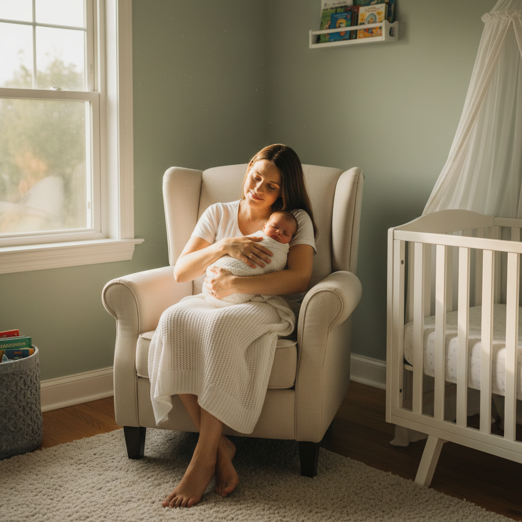 Mother cradling newborn in softly lit nursery with warm sunlight