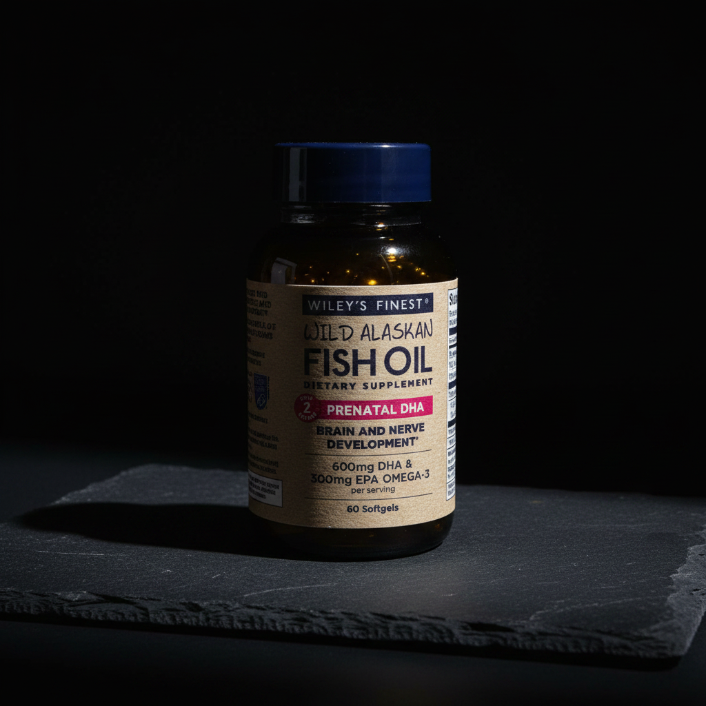Lifestyle context image of Wiley's Finest Prenatal DHA Fish Oil 60 softgels (AI-generated for visual illustration only) – dark slate studio editorial – More4less Outlet