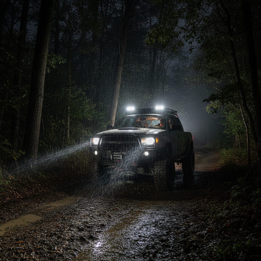 Alpena Spot Roamer LED fog lights on lifted truck roof rack white beams illuminating muddy forest trail night rain off-road - More4less Outlet