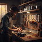 Man working at a garage workbench illuminated by a puck light mounted under a shelf above