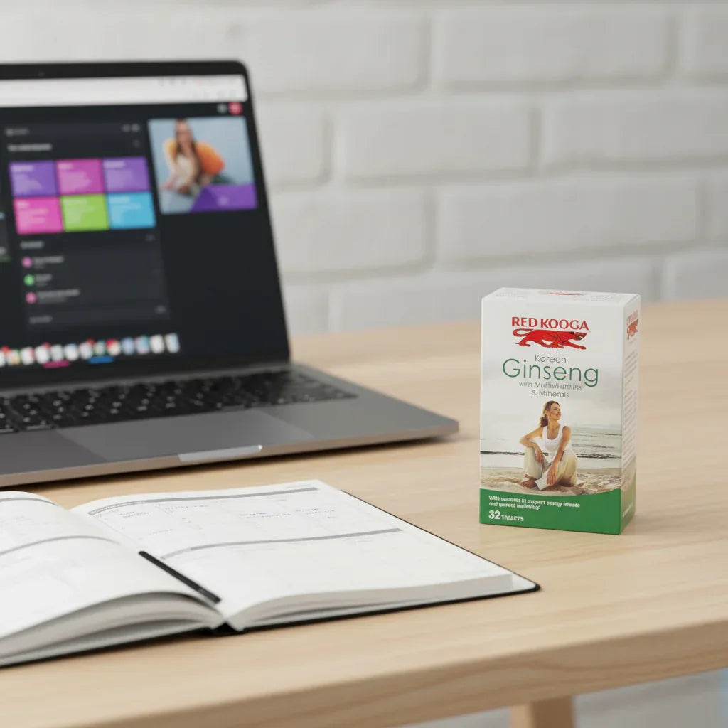 Red Kooga Korean Ginseng Multivitamin box on home office desk with dark gray laptop and open daily productivity planner