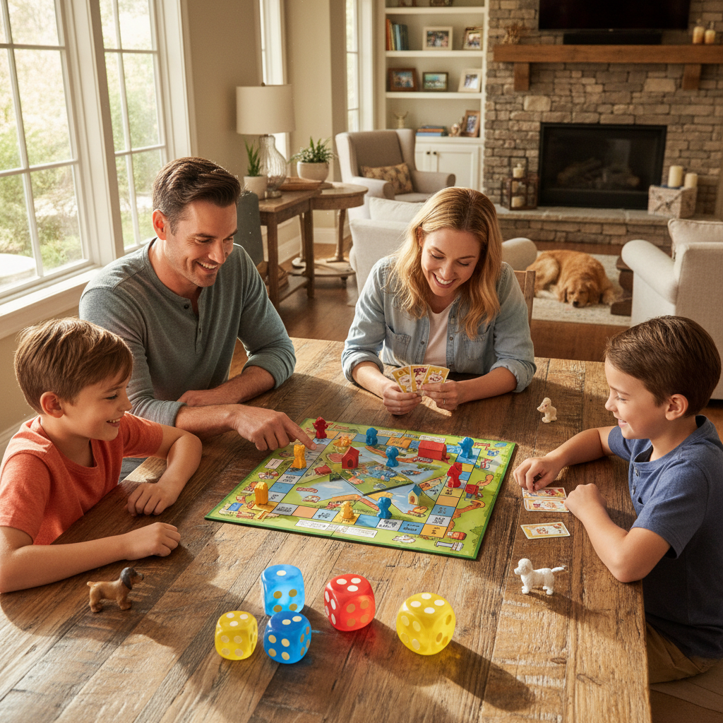 Family playing Dog-Opoly board game around a dining table