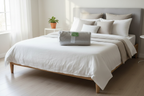 Eden Home sheet set in eco-friendly fabric drawstring bag displayed in clean minimalist bedroom with neutral linens