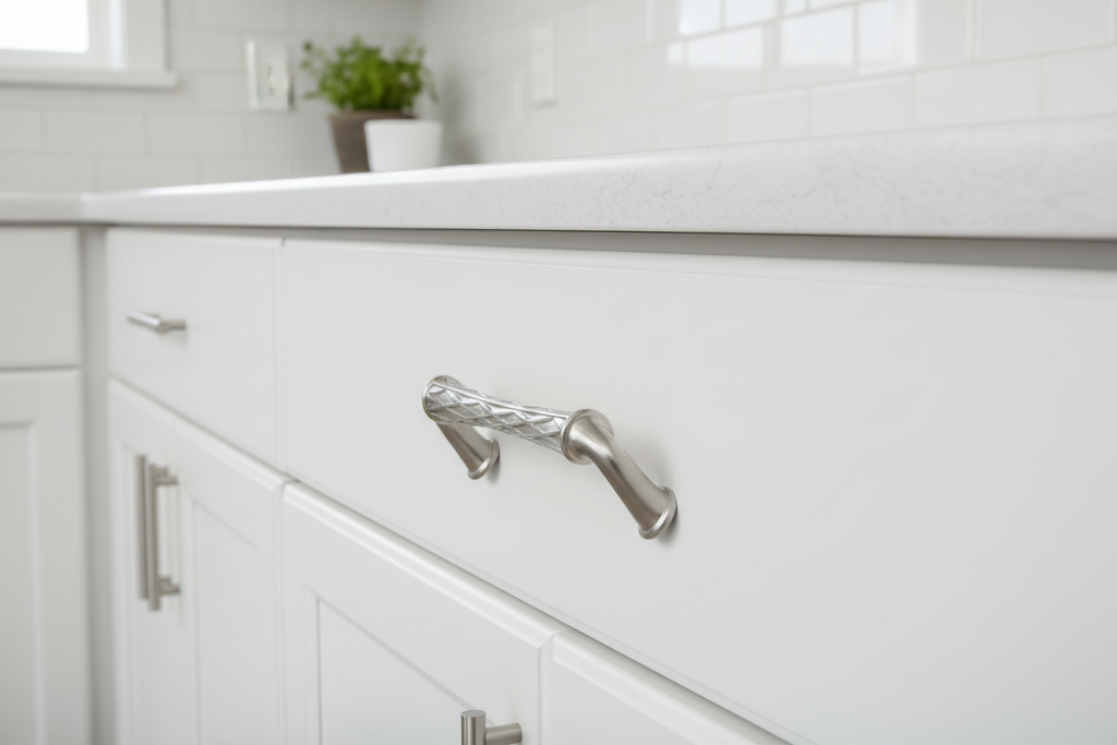 Baldwin Couture 4-inch cabinet pull satin nickel installed on white shaker kitchen cabinet drawer - More4less Outlet