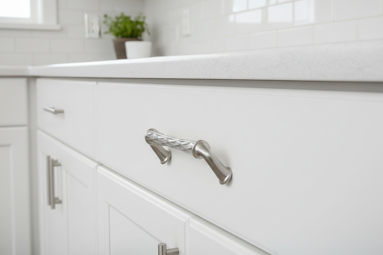Baldwin Couture 4-inch cabinet pull satin nickel installed on white shaker kitchen cabinet drawer - More4less Outlet