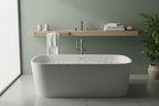 Contemporary bath fixtures with brushed nickel accents arranged in soft spa-like lighting